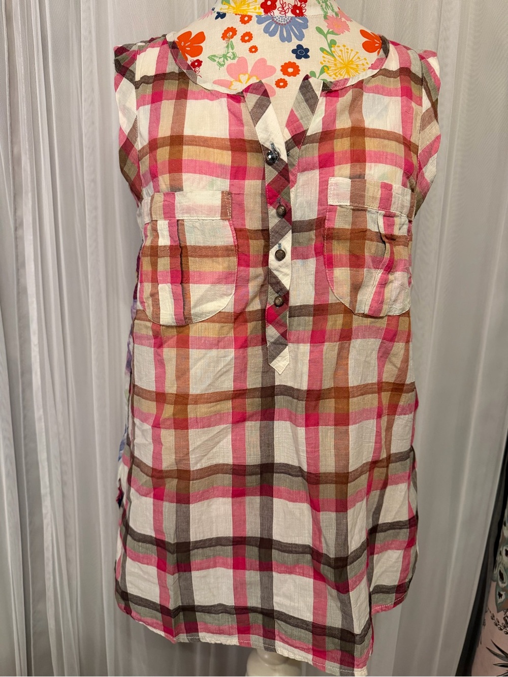 Aratta Plaid Sleeveless Tunic in Pink, Brown & Cream